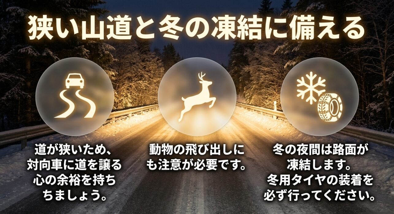 道が狭いため対向車や動物の飛び出しに注意すること、冬は路面が凍結するため冬用タイヤが必須であることを呼びかけるスライド
