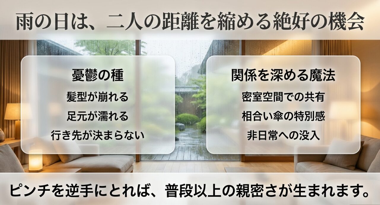 髪型が崩れるなどの憂鬱の種を逆手に取り、相合い傘や非日常への没入で二人の距離を縮める方法