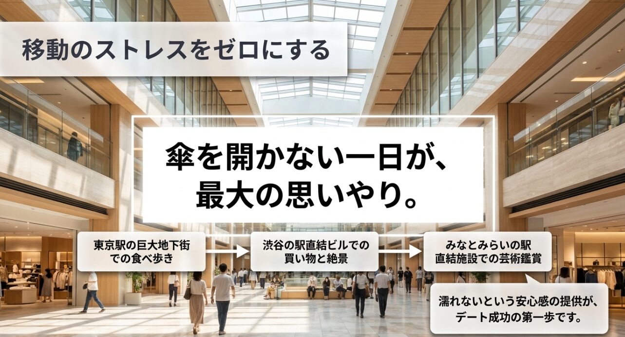 東京駅の地下街、渋谷の駅直結ビル、みなとみらいでの芸術鑑賞など、傘を開かない一日が最大の思いやりになる施設選び