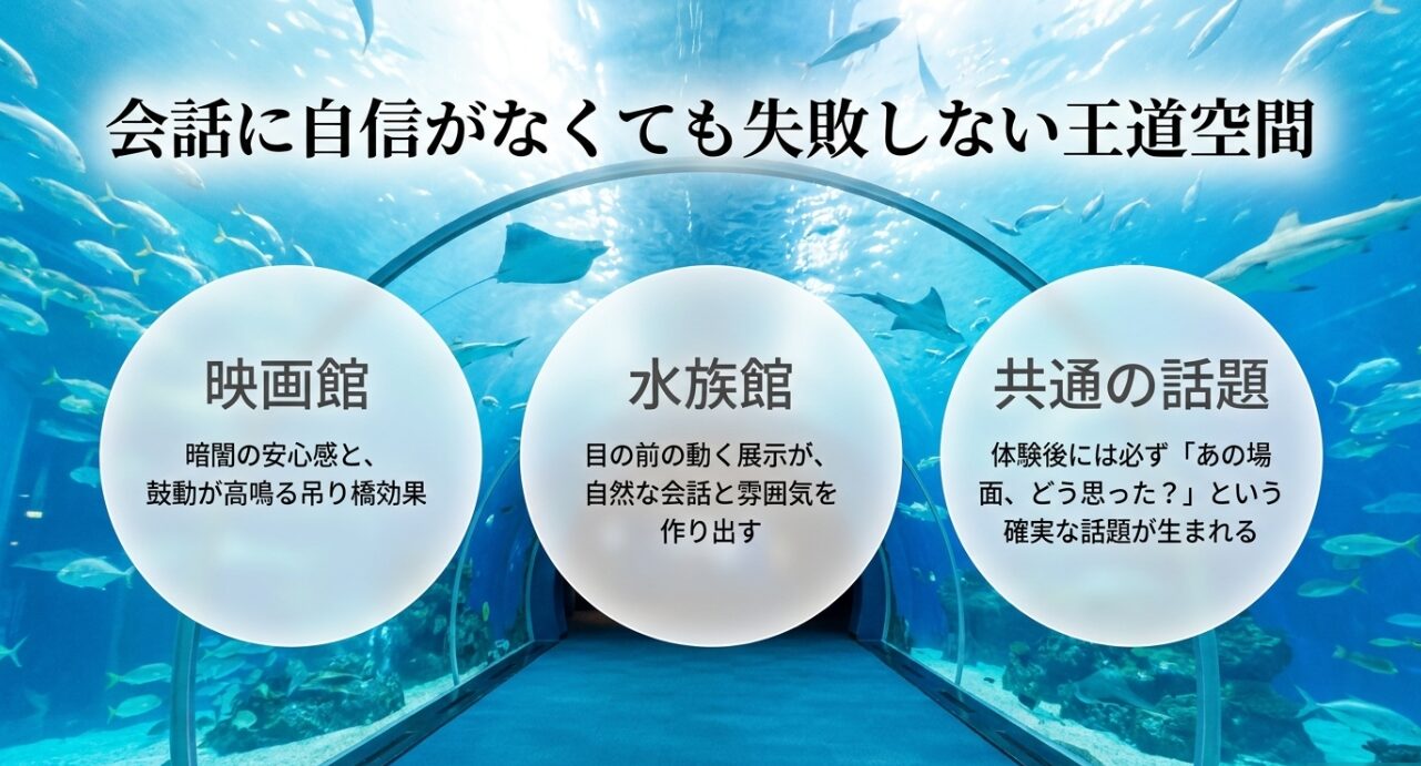 映画館の暗闇による吊り橋効果や、水族館の動く展示を利用して体験後に共通の話題を生み出すポイント