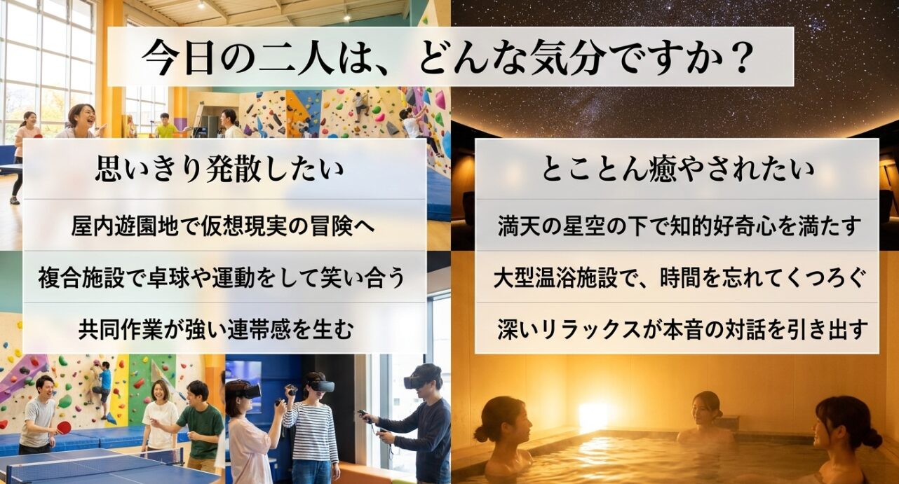 思いきり発散したい時の屋内遊園地や、とことん癒やされたい時の温浴施設や満天の星空など、気分別の過ごし方