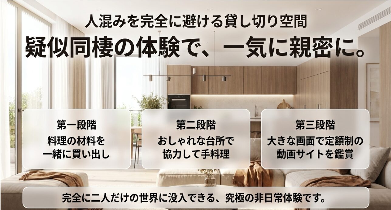 料理の買い出し、おしゃれな台所での手料理、定額制動画サイトの鑑賞という3段階で二人だけの世界に没入する非日常体験