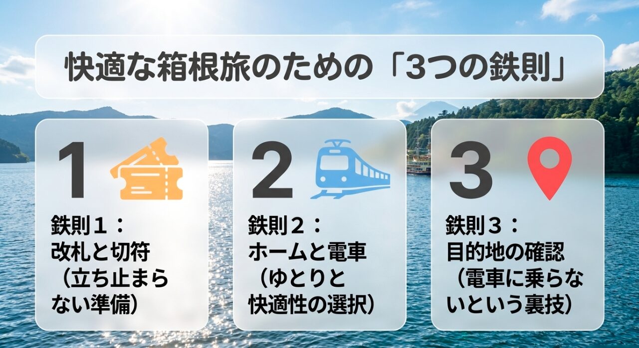 t快適な箱根旅のための3つの鉄則(改札と切符、ホームと電車、目的地の確認)をまとめたスライド