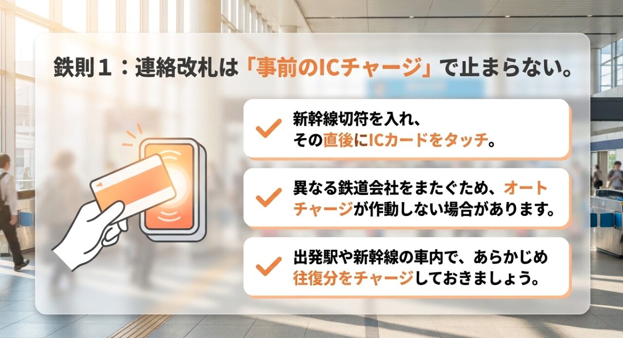 小田原駅の連絡改札を止まらずに通過するため、事前のICチャージと新幹線切符・ICカードの2段階タッチを解説したスライド