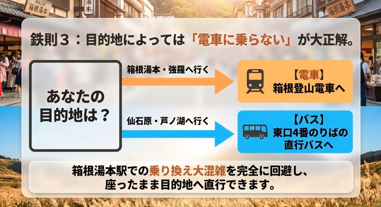 箱根湯本・強羅へは電車、仙石原・芦ノ湖へは直行バスといった、目的地によっては電車に乗らない迂回ルートが大正解であることを図解したスライド