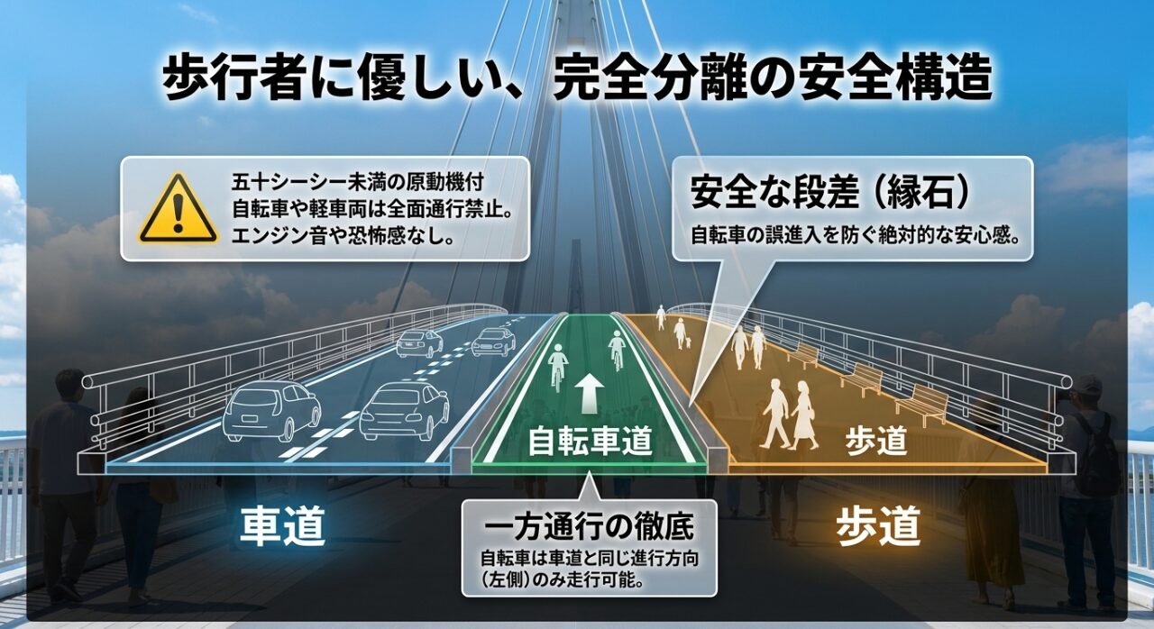 多摩川スカイブリッジにおける歩道、自転車道、車道の完全分離構造と、自転車の一方通行ルールを解説した図