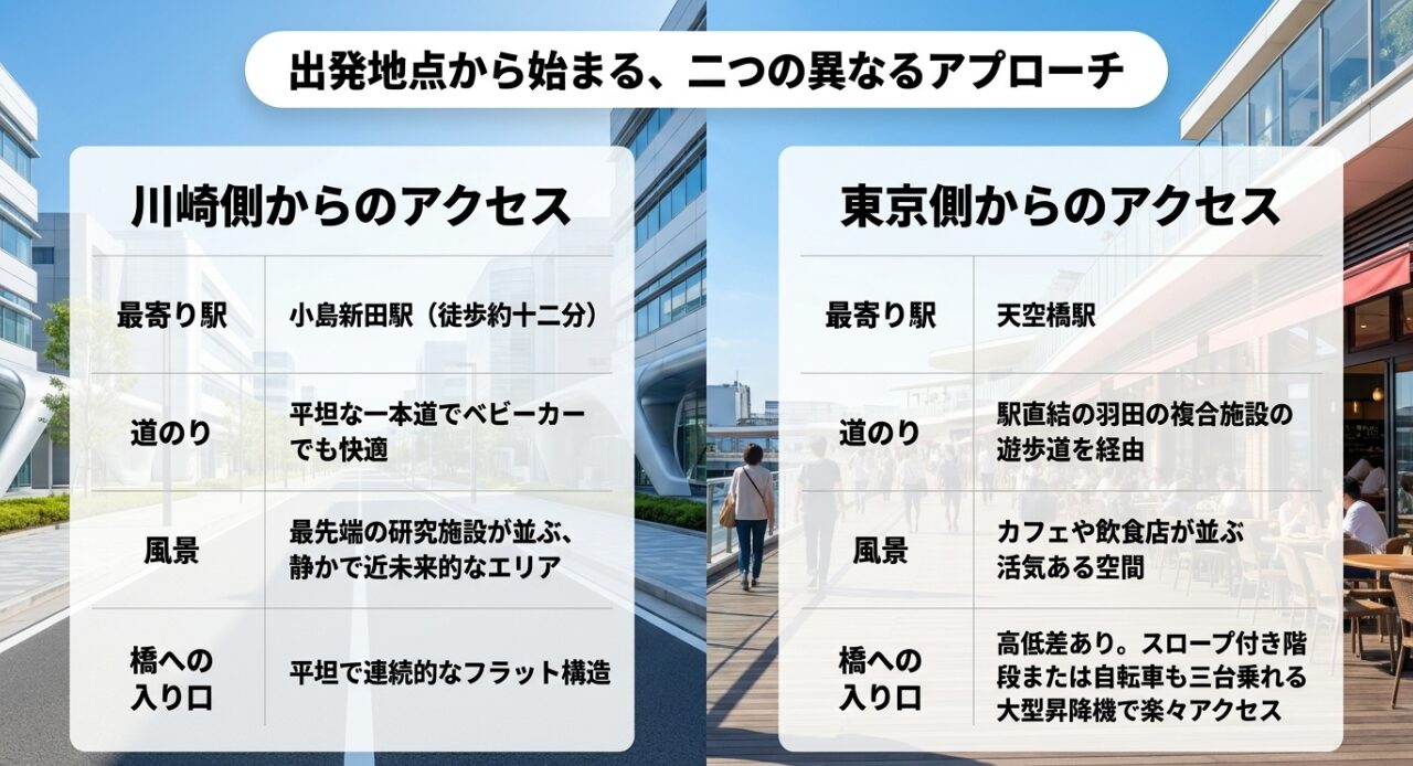 多摩川スカイブリッジへの川崎側(小島新田駅)と東京側(天空橋駅)からのアクセスルートや風景の違いをまとめた比較表