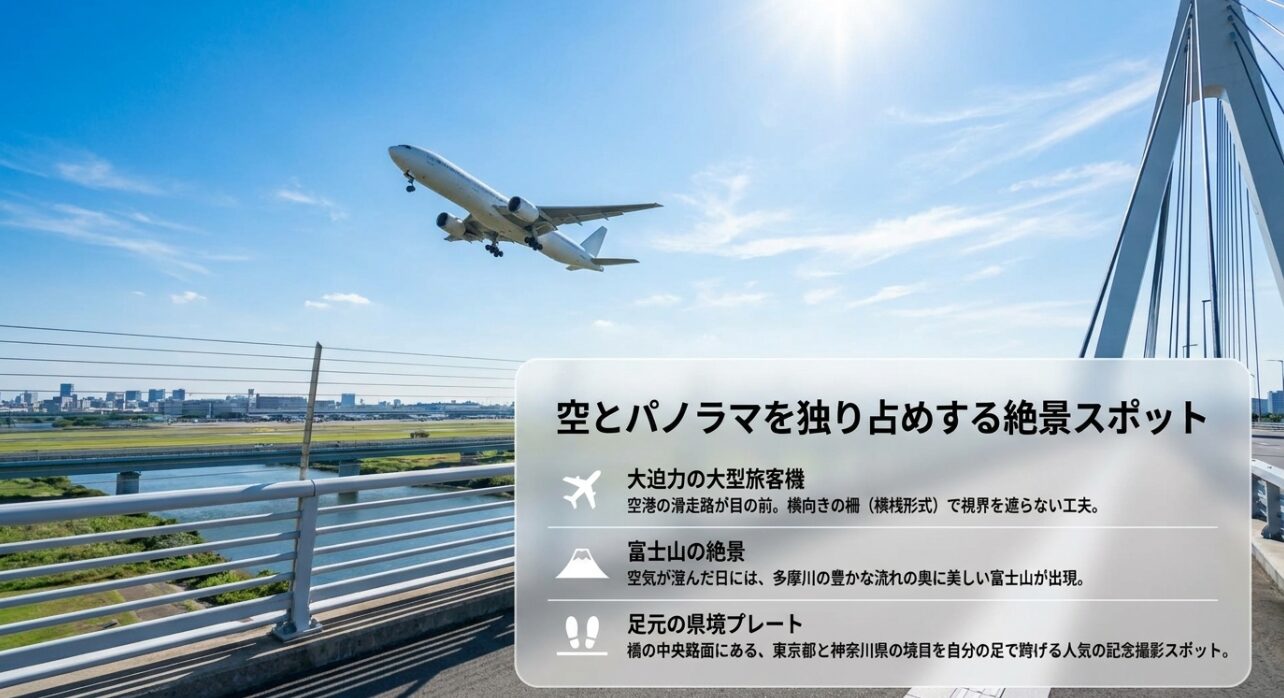 多摩川スカイブリッジから見える大型旅客機、富士山、そして足元にある東京都と神奈川県の県境プレートの紹介