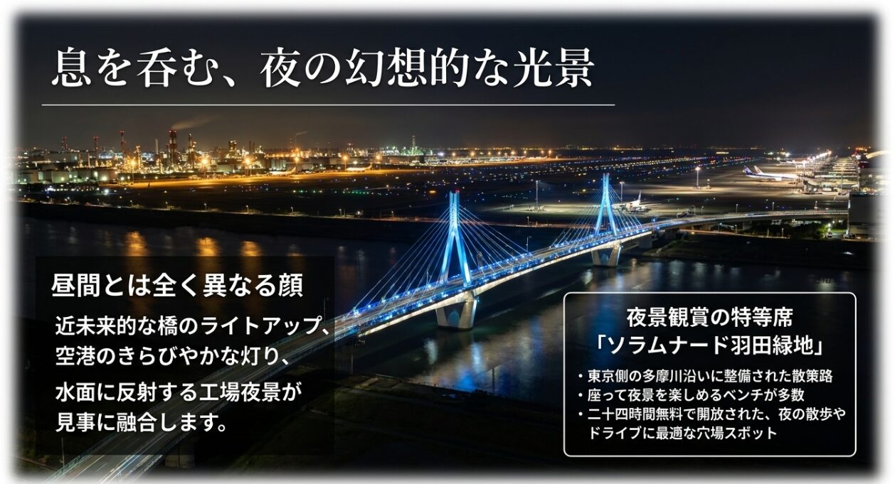 ライトアップされた多摩川スカイブリッジと空港の灯りが融合する夜景を、ソラムナード羽田緑地から鑑賞する提案