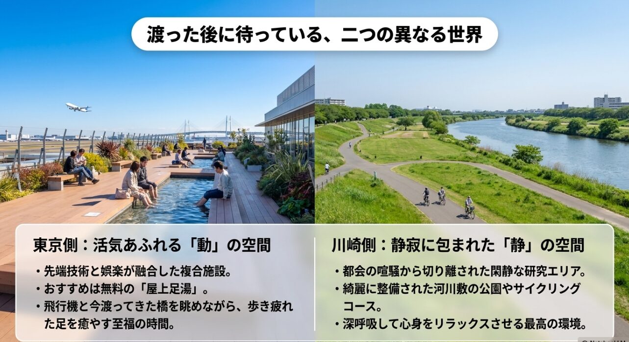 多摩川スカイブリッジを渡った後にある、東京側の活気ある足湯施設と川崎側の静寂な研究エリアの対比