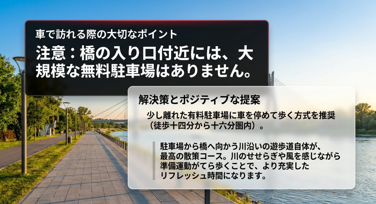 多摩川スカイブリッジ周辺には大規模無料駐車場がないため、少し離れた有料駐車場に停めて川沿いを散策する提案