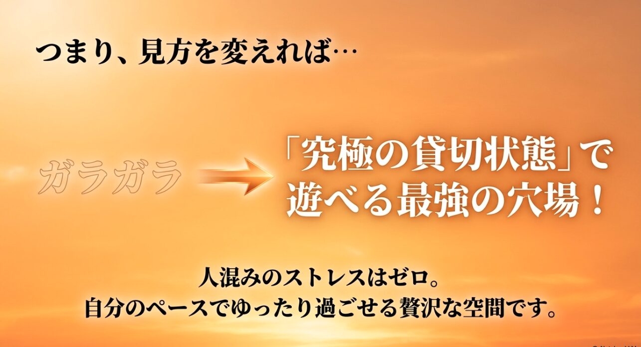 ガラガラであることを逆手にとり、人混みのストレスゼロで自分のペースで遊べる最強の穴場であることを説明するスライド
