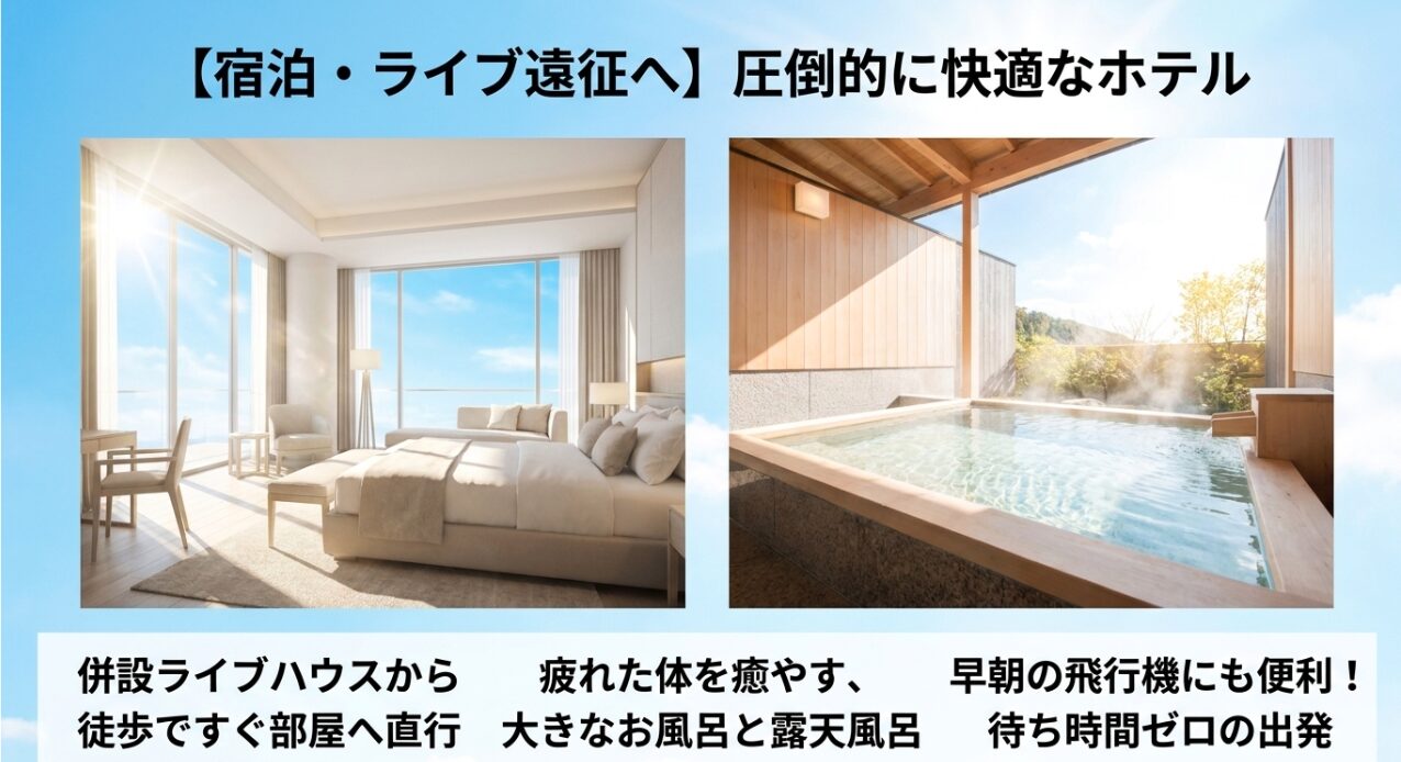 併設ライブハウスからの直行や早朝の飛行機利用に便利な、大きなお風呂と露天風呂を備えた圧倒的に快適なホテル