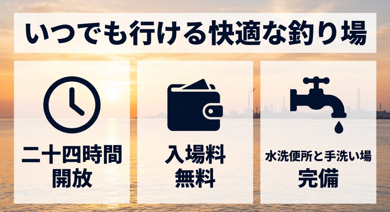 いつでも行ける快適な釣り場として、二十四時間開放、入場料無料、水洗便所と手洗い場完備であることを示すスライド