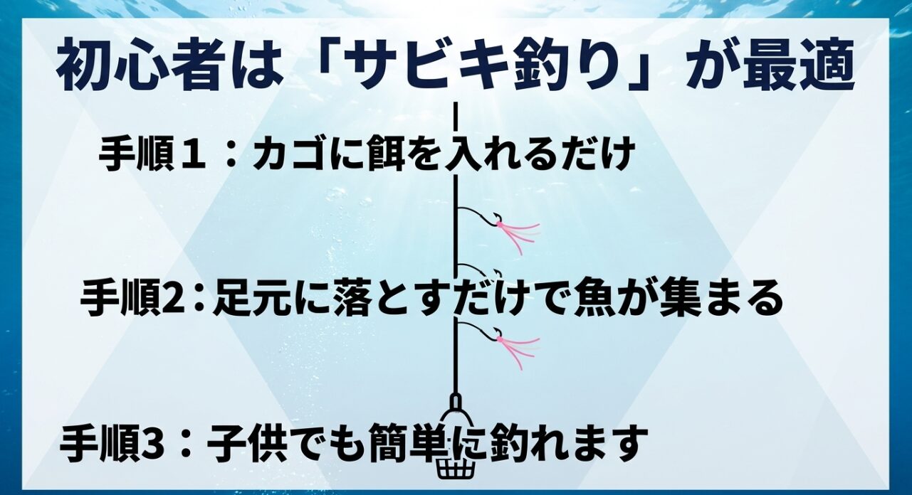初心者は「サビキ釣り」が最適であり、手順1:カゴに餌を入れるだけ、手順2:足元に落とすだけで魚が集まる、手順3:子供でも簡単に釣れます、と解説するスライド