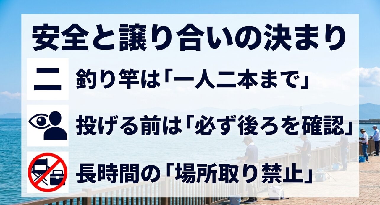 安全と譲り合いの決まりとして、釣り竿は「一人二本まで」、投げる前は「必ず後ろを確認」、長時間の「場所取り禁止」を促すスライド