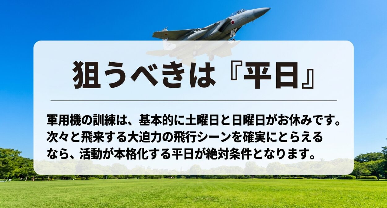 軍用機の訓練が本格化する平日が飛行機撮影の絶対条件であることを説明するスライド