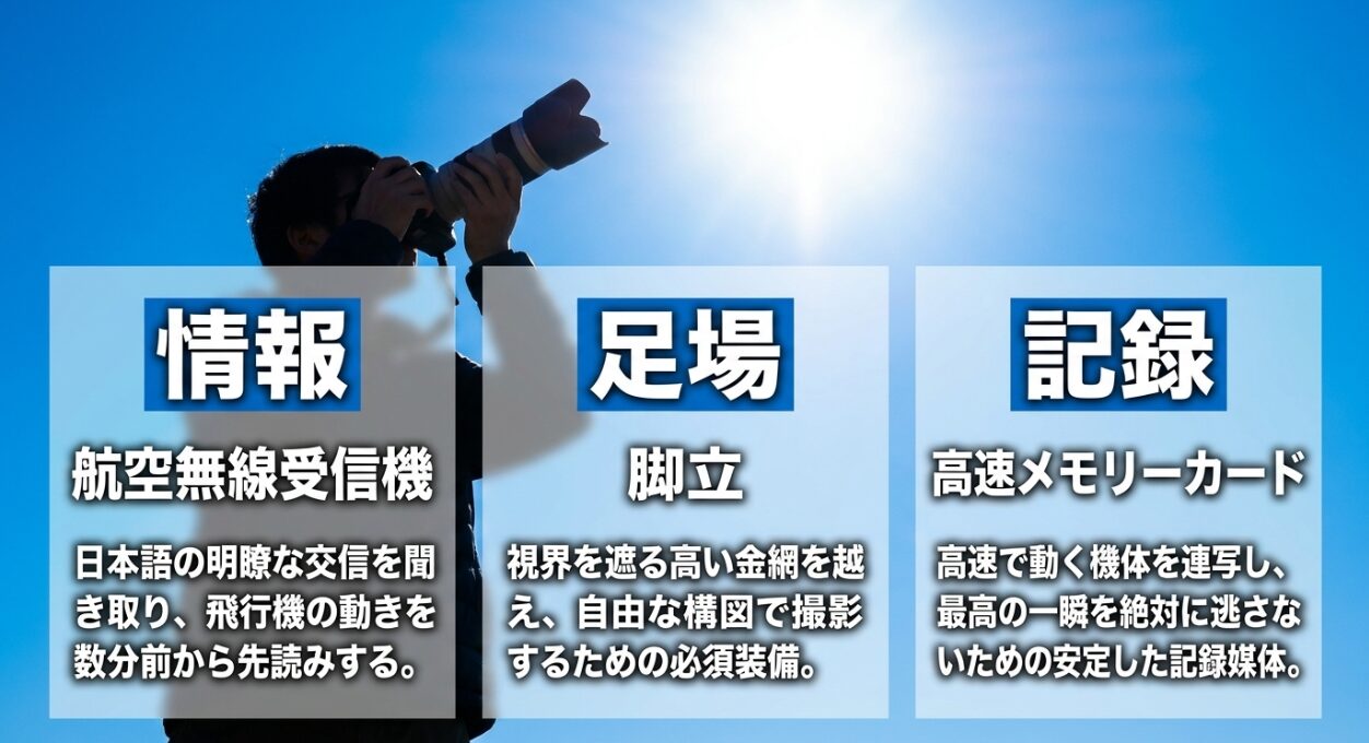航空無線受信機、脚立、高速メモリーカードなど飛行機撮影の必須装備一覧