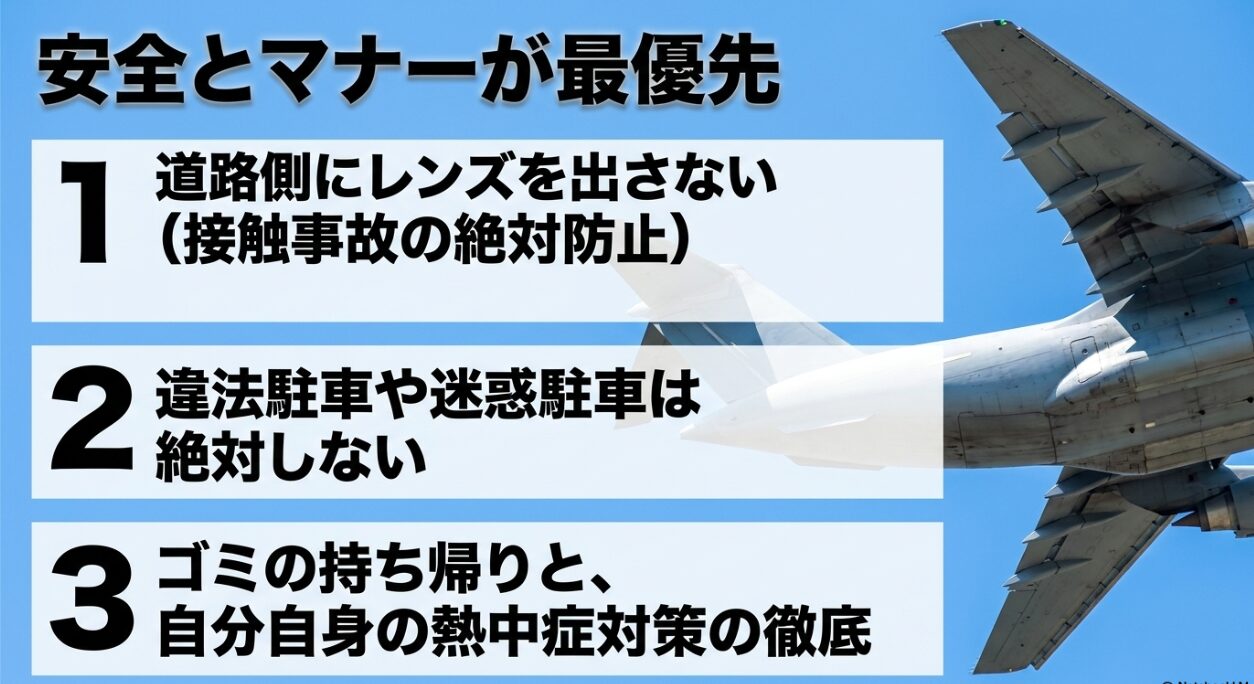 道路へのレンズ突出防止、迷惑駐車の禁止、熱中症対策など撮影時の安全とマナー