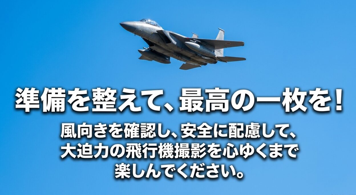 風向きを確認し安全に配慮して大迫力の飛行機撮影を楽しむためのメッセージ