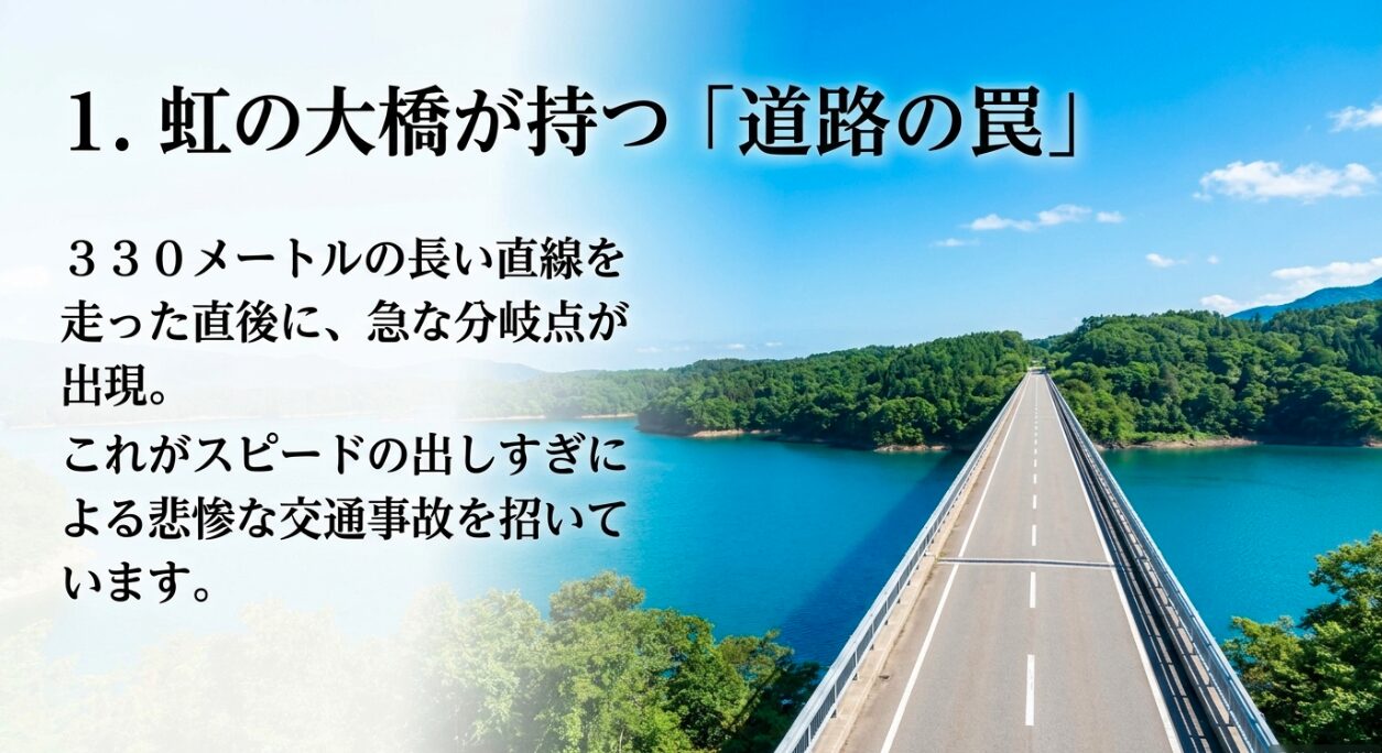 虹の大橋が持つ330メートルの直線と急な分岐点という道路の罠