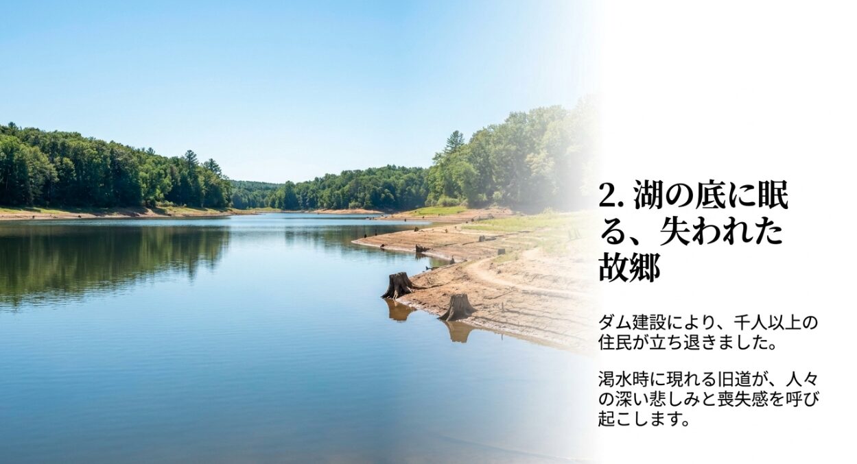 ダム建設で湖の底に眠る千人以上の住民が立ち退いた失われた故郷