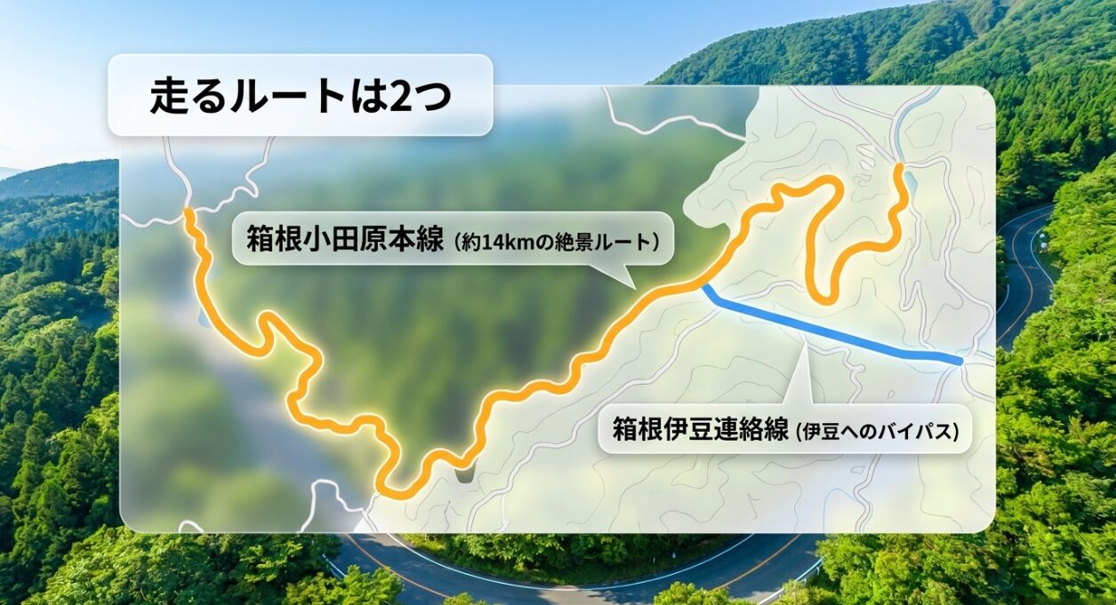 ターンパイク箱根を構成する、約14kmの絶景ルート「箱根小田原本線」と伊豆へのバイパス「箱根伊豆連絡線」の2つのルート図解