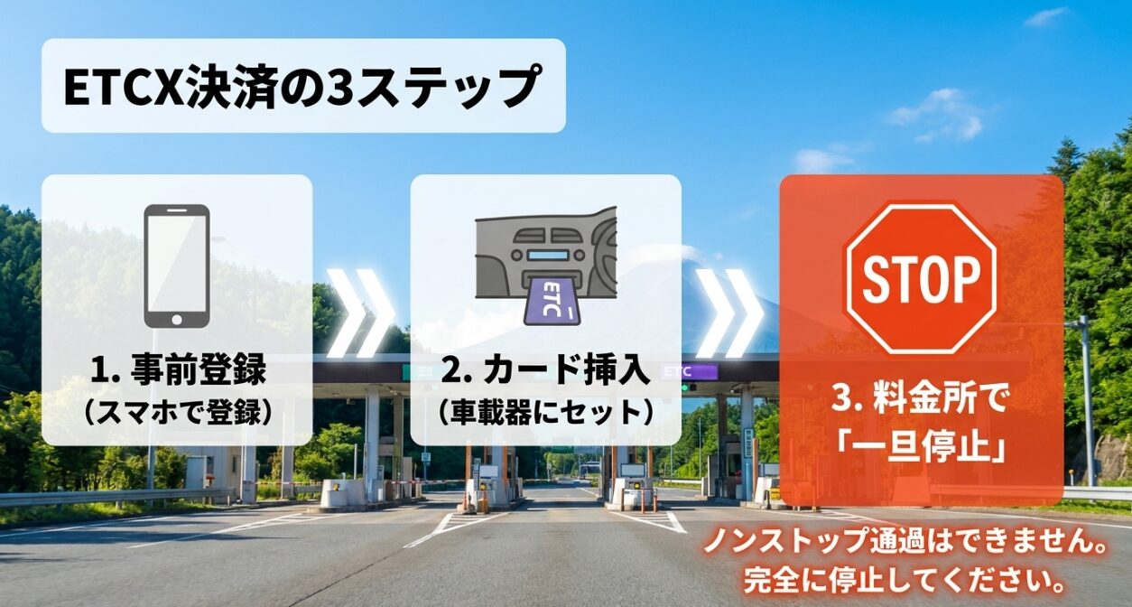 ターンパイク箱根でETCXを利用するための事前登録、カード挿入、料金所での一旦停止という3つの必須ステップ