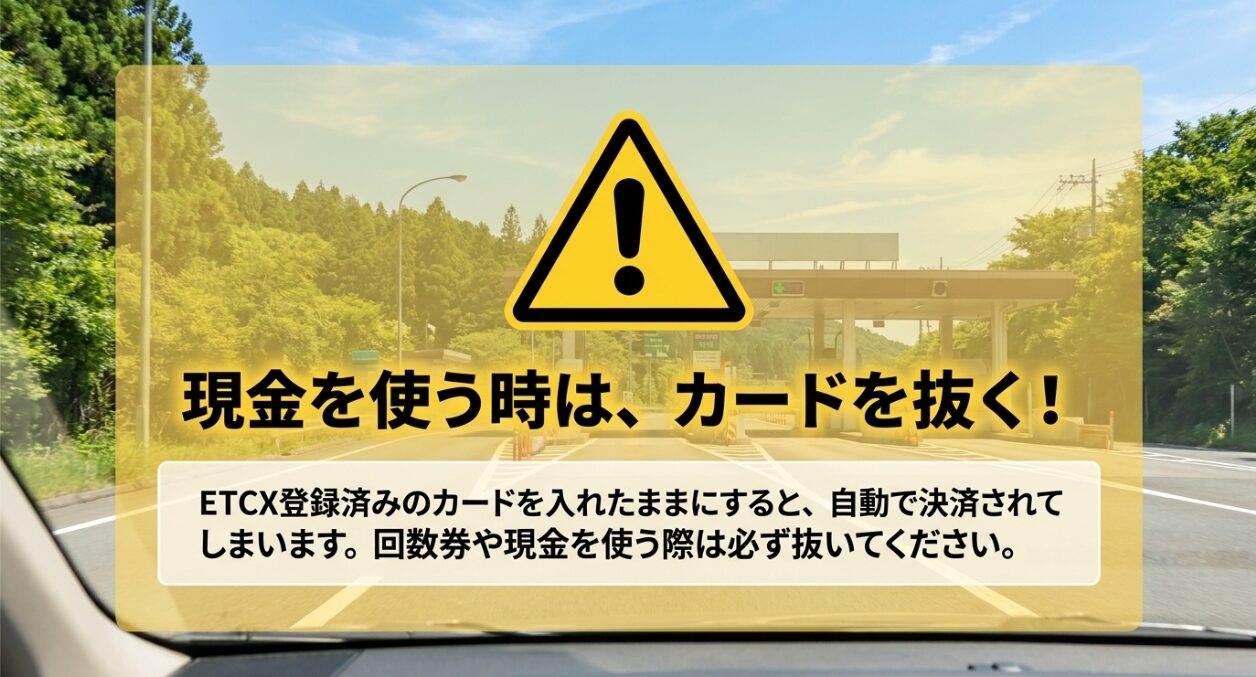 回数券や現金を使用する際は、意図しないETCXの自動決済を防ぐために車載器からETCカードを抜くよう促す注意喚起