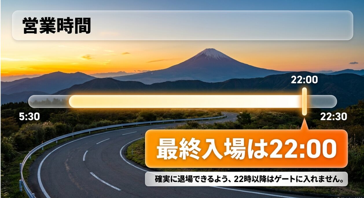 ターンパイク箱根の営業時間は5時30分から22時30分までで、確実な退場のために最終入場が22時となっていることの案内