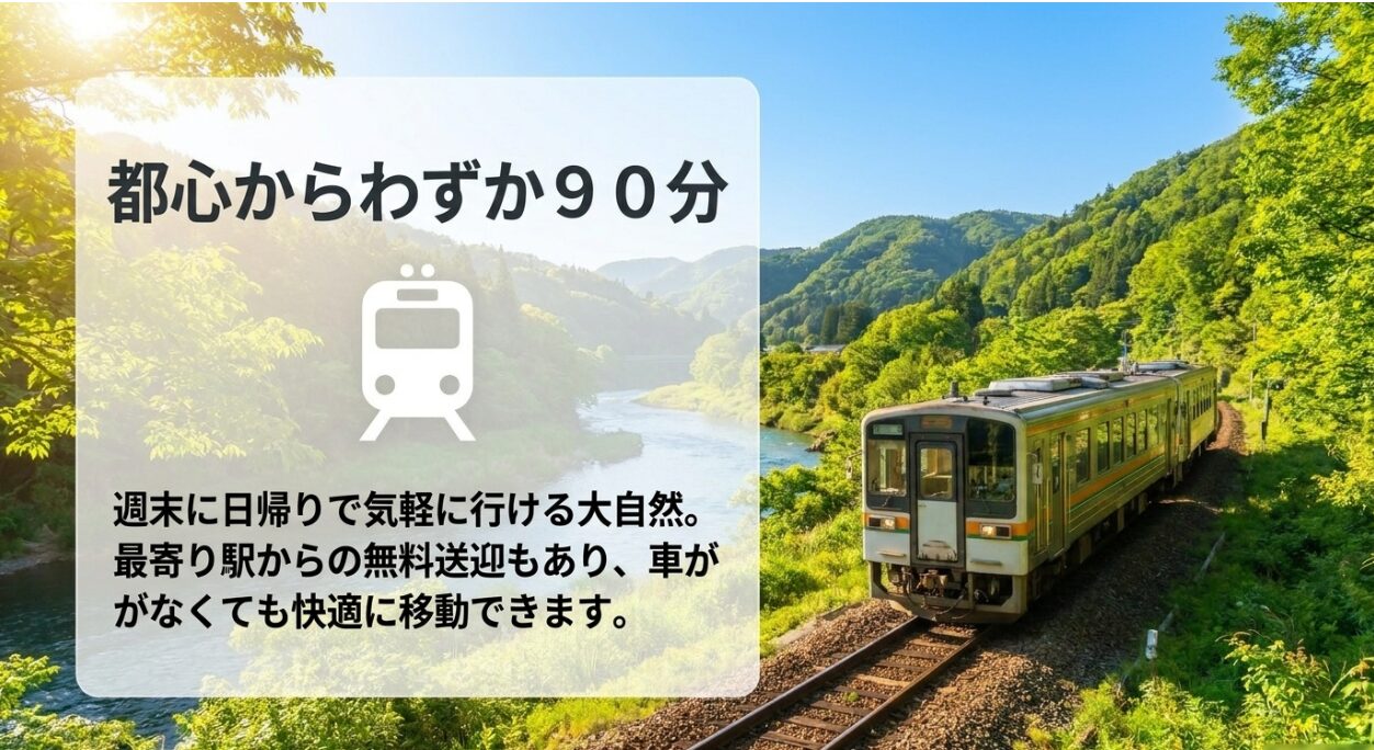 都心からわずか90分 週末に日帰りで気軽に行ける無料送迎ありのアクセス