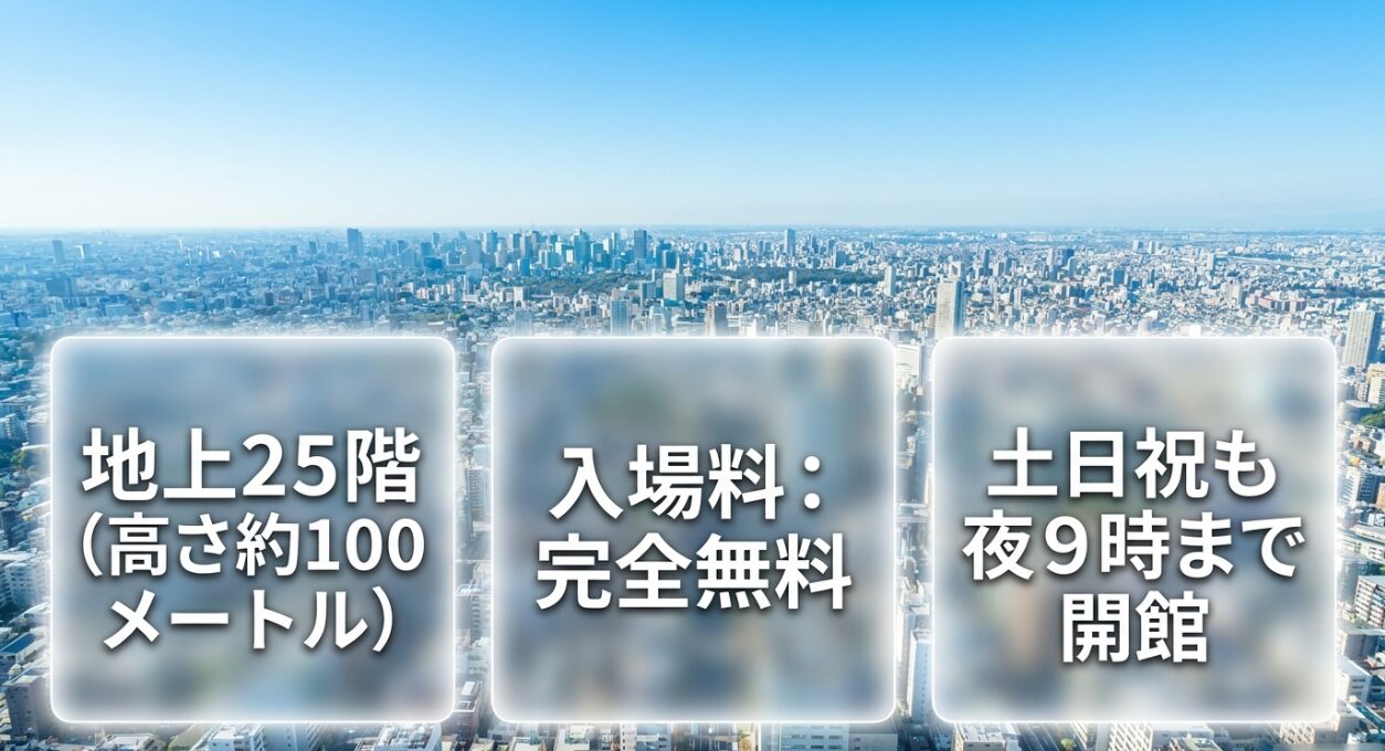地上25階約100メートルの川崎市役所展望ロビーは入場料完全無料で土日祝も夜9時まで開館