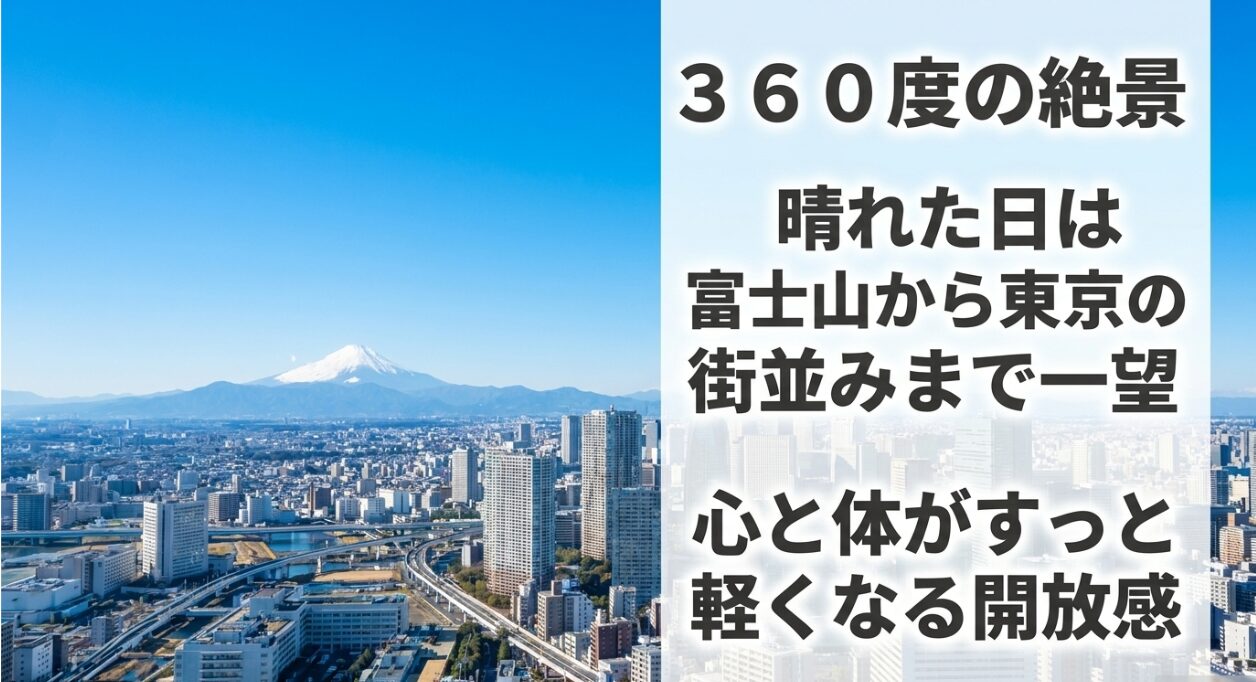 晴れた日は富士山から東京の街並みまで一望できる360度の絶景と開放感