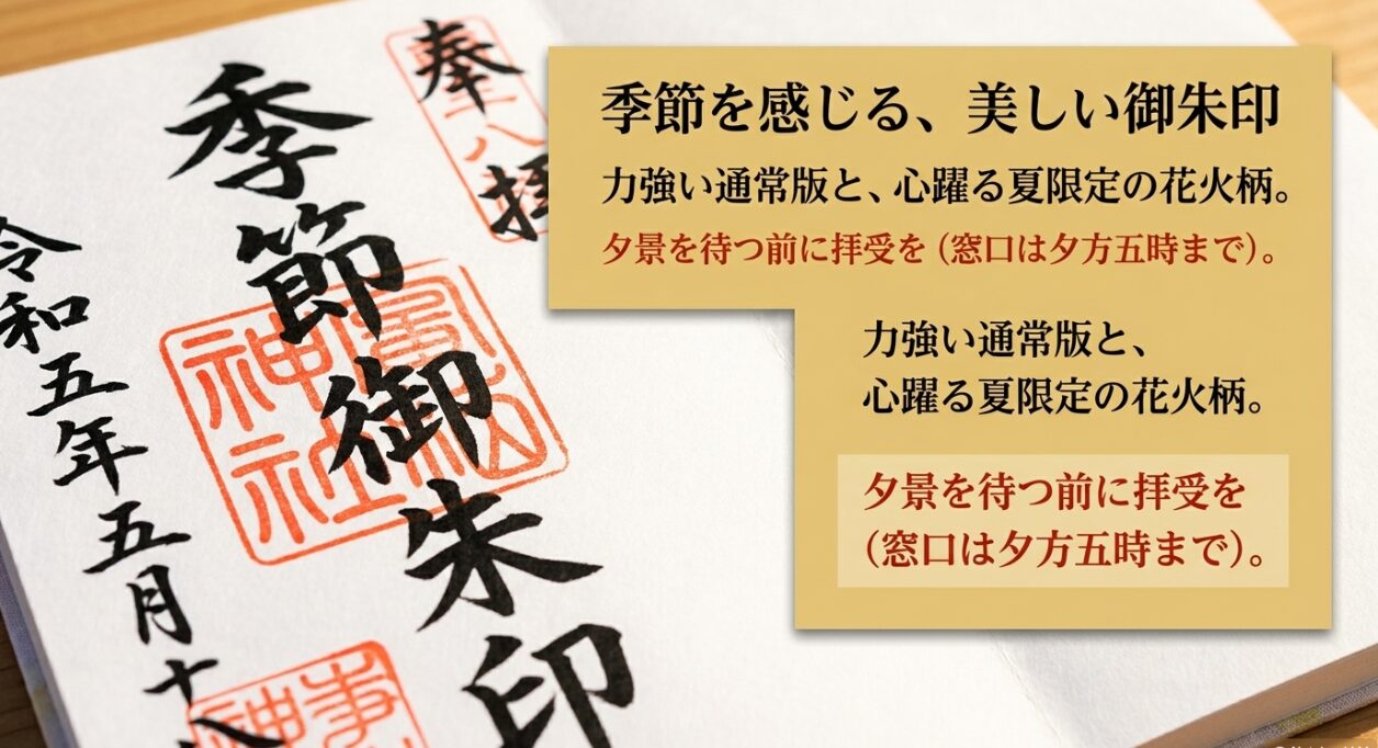 季節を感じる森戸大明神の美しい御朱印。力強い通常版と夏限定の花火柄。