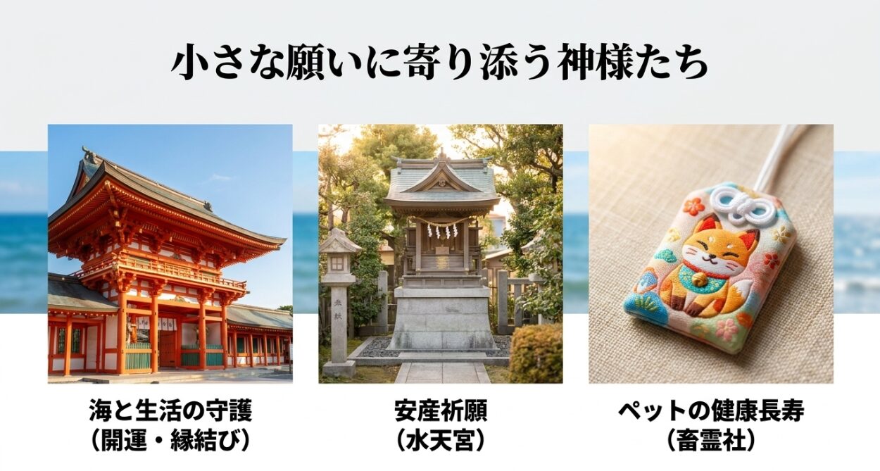 森戸大明神の境内社。海と生活の守護、水天宮での安産祈願、畜霊社でのペットの健康長寿など小さな願いに寄り添う神様たち。