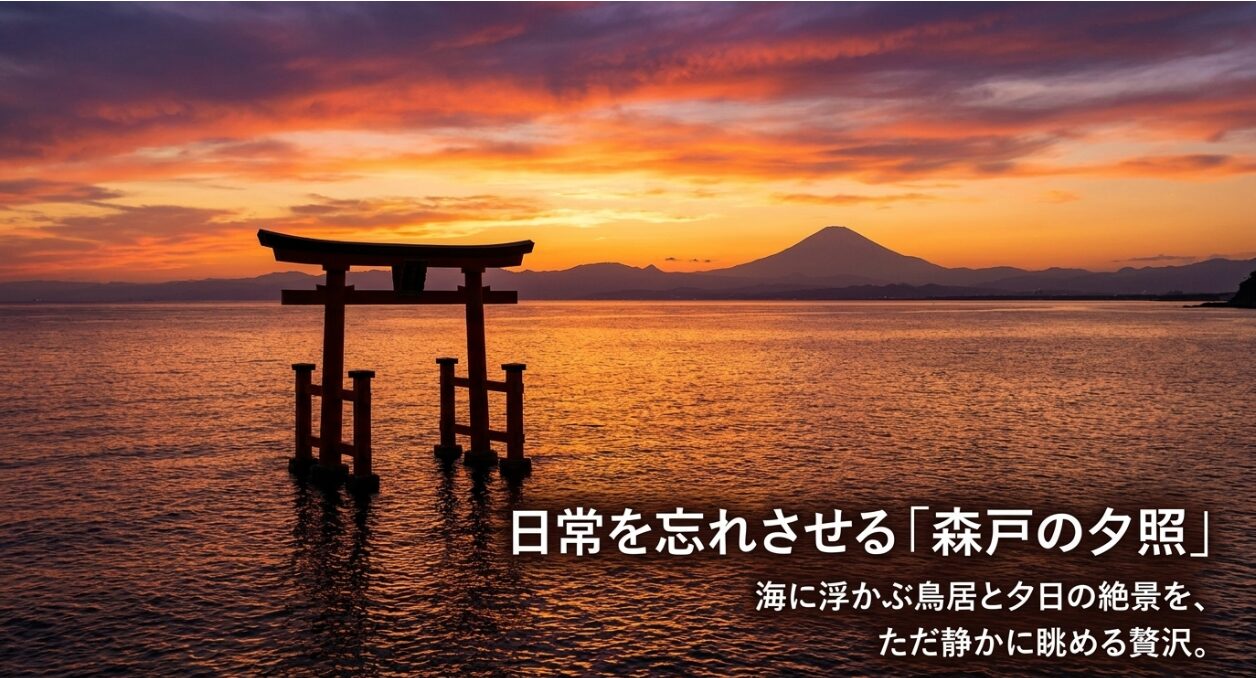 日常を忘れさせる森戸の夕照。海に浮かぶ鳥居と夕日の絶景を静かに眺める時間。