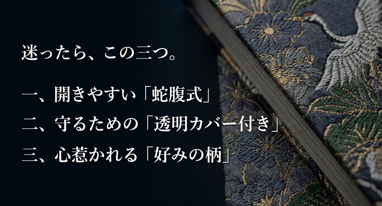 初めての御朱印帳には、扱いやすい「蛇腹式」、汚れを防ぐ「カバー付き」、気分の上がる「好みのデザイン」がおすすめであることを示すまとめスライド。