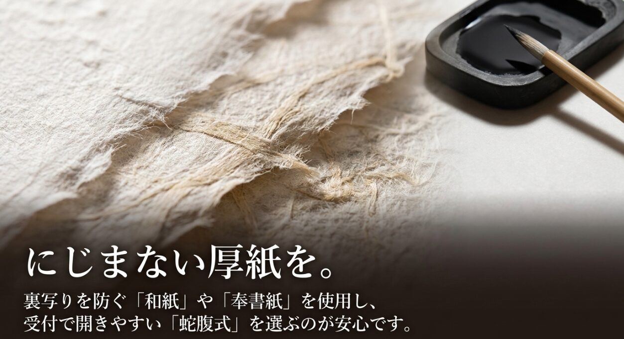 御朱印がにじまない厚紙として裏写りを防ぐ「和紙」や「奉書紙」、および受付で開きやすい「蛇腹式」を推奨するスライド 。