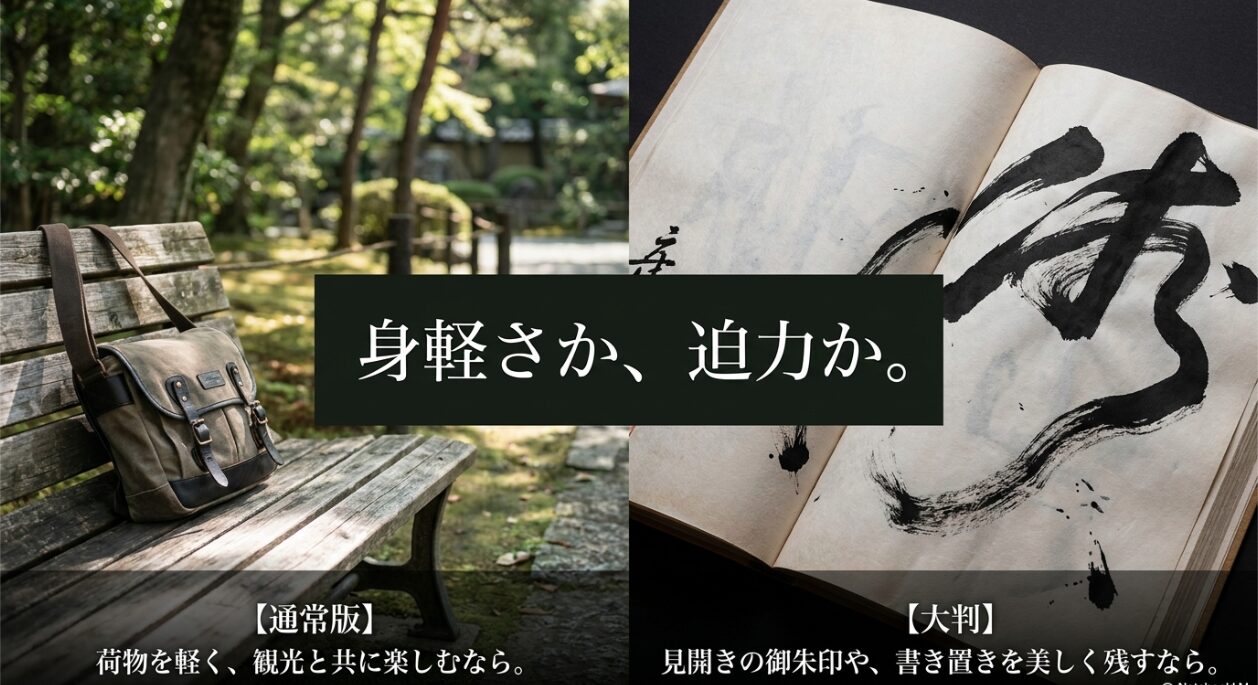 荷物を軽く観光を楽しむための「通常版」と、見開きや書き置きを美しく残すための「大判」の特徴を比較したスライド 。