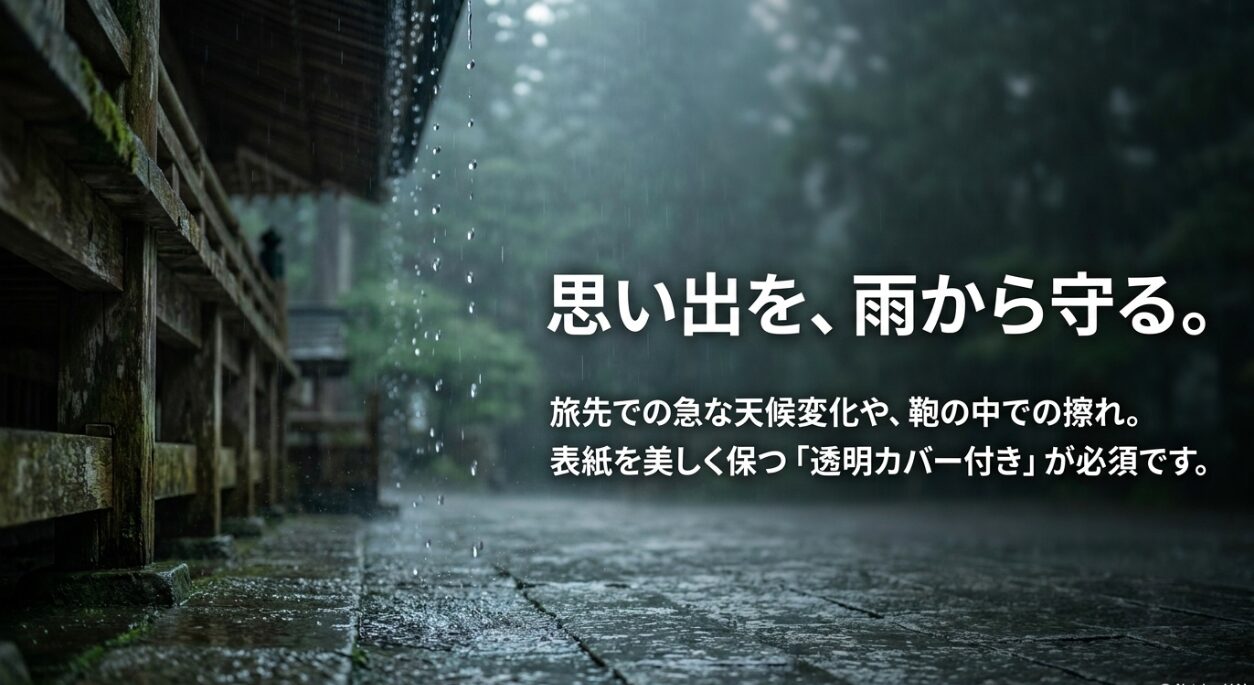 旅先の急な天候変化や鞄の中での擦れから御朱印帳の表紙を美しく守るため、「透明カバー付き」が必須であることを解説するスライド 。