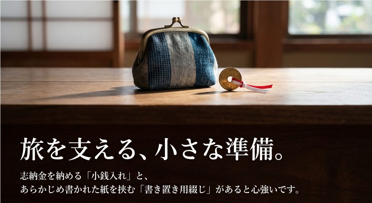 御朱印巡りを支える小さな準備として、志納金を納める「小銭入れ」と「書き置き用綴じ」があると心強いことを紹介するスライド 。