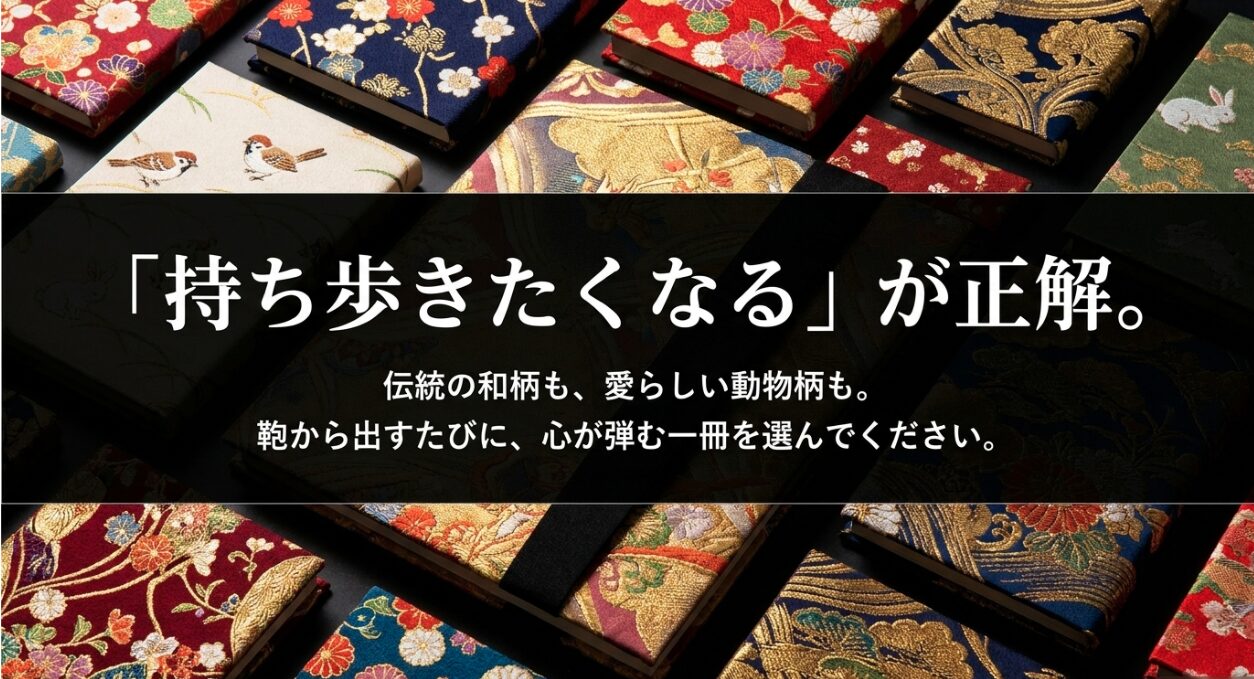 御朱印帳は伝統の和柄も動物柄も含め、鞄から出すたびに心が弾む「持ち歩きたくなる」ものを選ぶのが正解であるとするスライド 。
