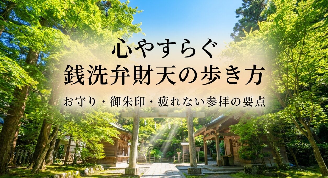 銭洗弁財天宇賀福神社の御朱印やお守り、疲れない歩き方を紹介するガイドの表紙スライド