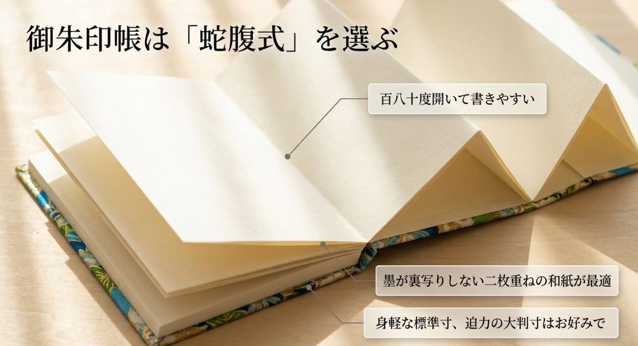 180度開いて書きやすい蛇腹式や、墨が裏写りしない和紙など、初心者向けの御朱印帳の選び方を解説したスライド