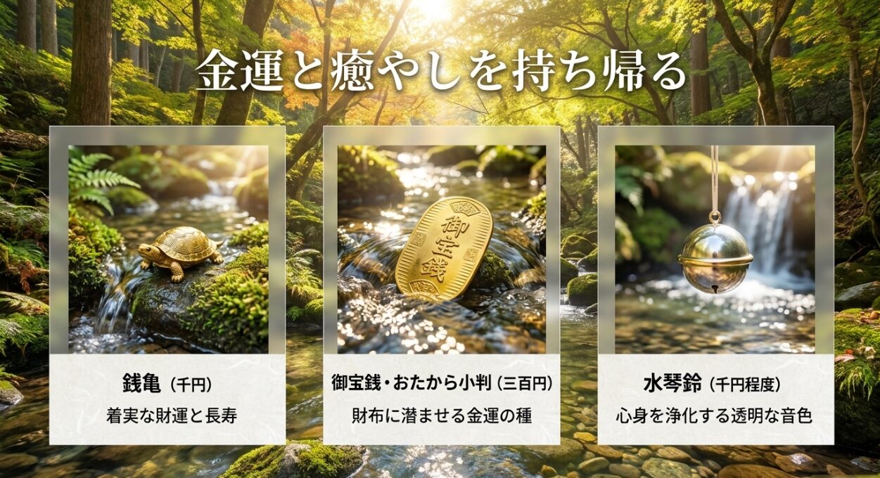 財運を招く銭亀や、財布に入れる御宝銭、心身を浄化する水琴鈴など、金運と癒やしを持ち帰るお守りの一覧
