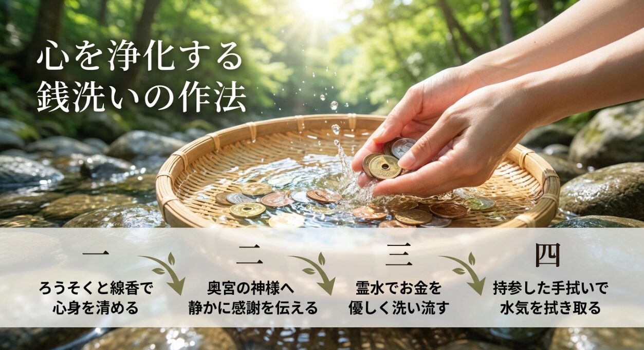 ろうそくと線香での心身のお清めから、手拭いでの水気の拭き取りまで、霊水でお金を洗う正しい手順の解説