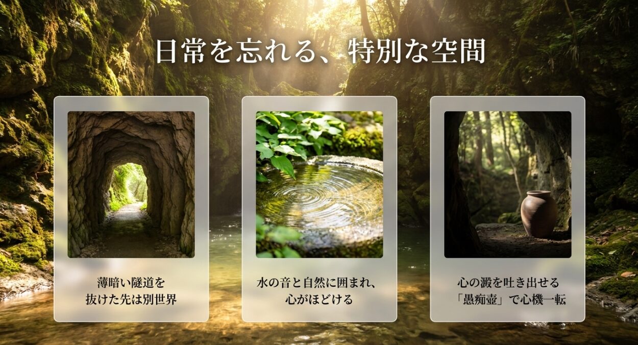 薄暗い隧道を抜けた先にある自然空間や、心の澱を吐き出せる愚痴壺など、日常を忘れる境内の癒やしスポット