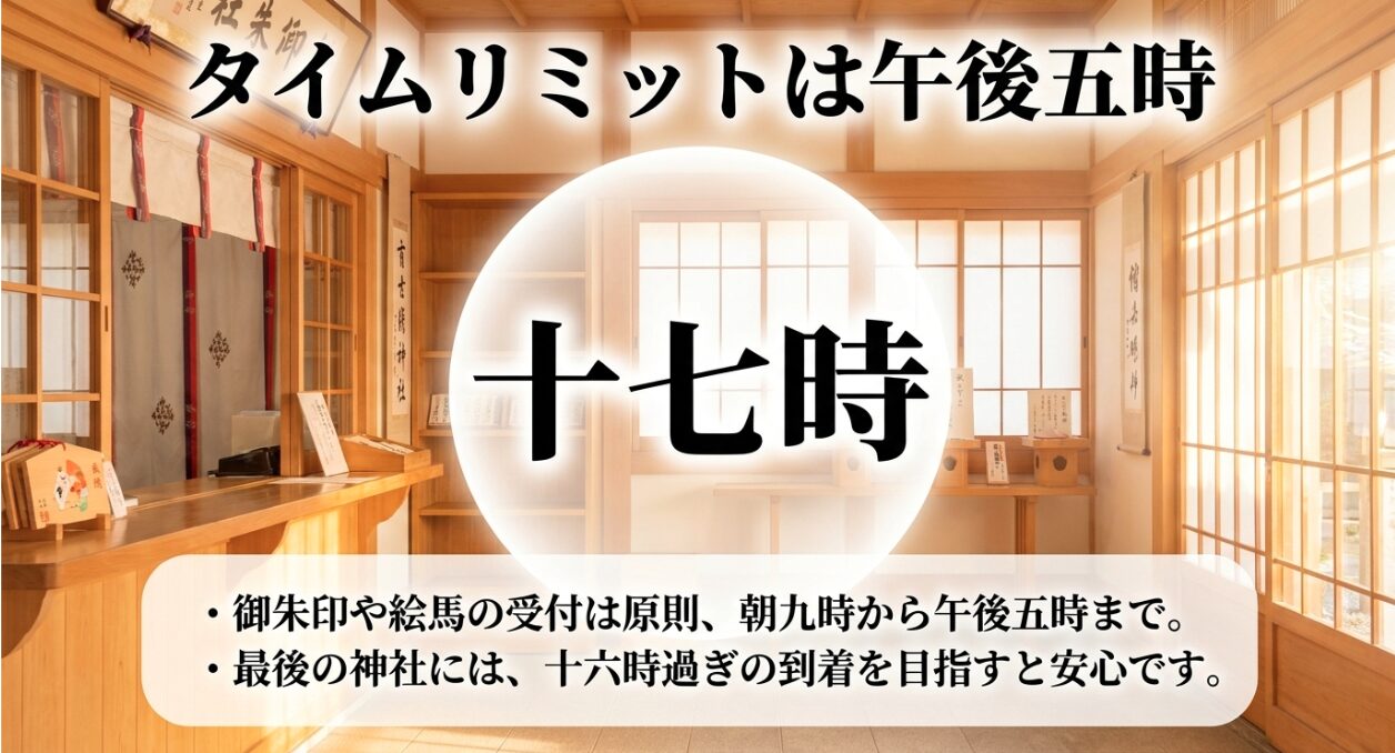 御朱印や絵馬の受付は原則17時までであり、最後の神社には16時過ぎの到着を目指すと安心であるという時間管理の注意点