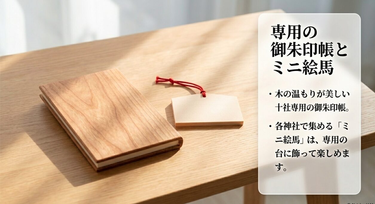 木の温もりが美しい十社専用の御朱印帳と、専用の台に飾って楽しめるミニ絵馬の紹介