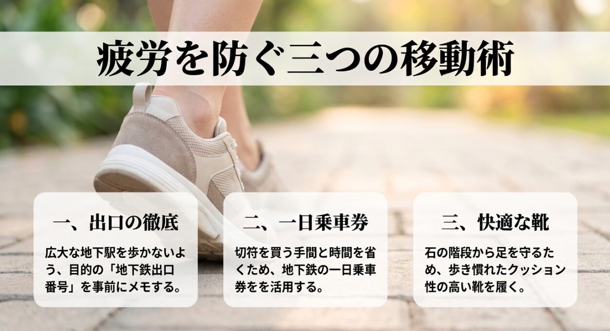地下鉄出口番号の徹底、一日乗車券の活用、歩き慣れたクッション性の高い靴という疲労を防ぐ3つの移動術
